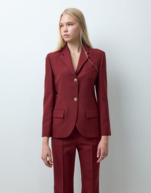 Mango Misi tailored blazer & flared trouser co-ord in wine, 2 of 3