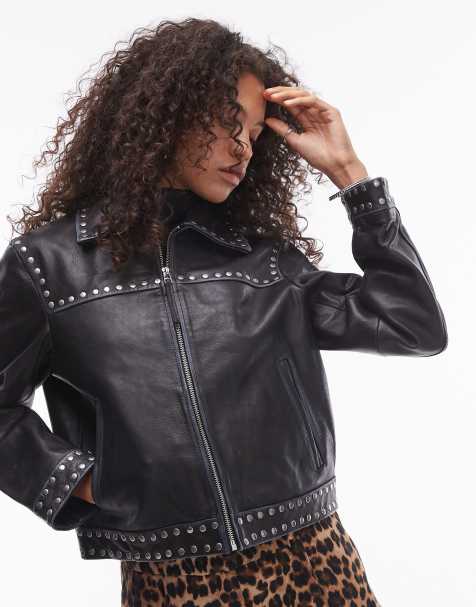 Mango – Mit Nieten besetzte Lederjacke in Schwarz - view 1