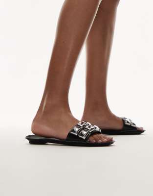 Mango - Mit Nieten besetzte Ledersandalen in Schwarz