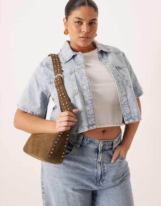 Mango – Mit Nieten besetzte Tasche aus Wildleder in Khaki