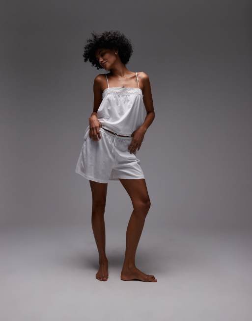 Mango mix & match cotton pajama shorts with lace trim in white 