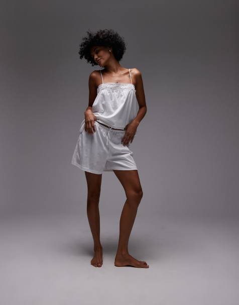 Mango mix & match cotton pyjama short with lace trim in white  - view 1