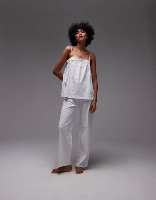 Mango mix & match cotton wide leg pajama pants with lace trim in white 