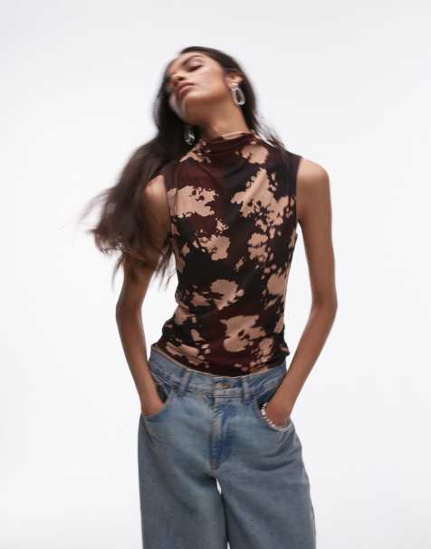 Mango mix print mesh sleeveless top in red - view 1