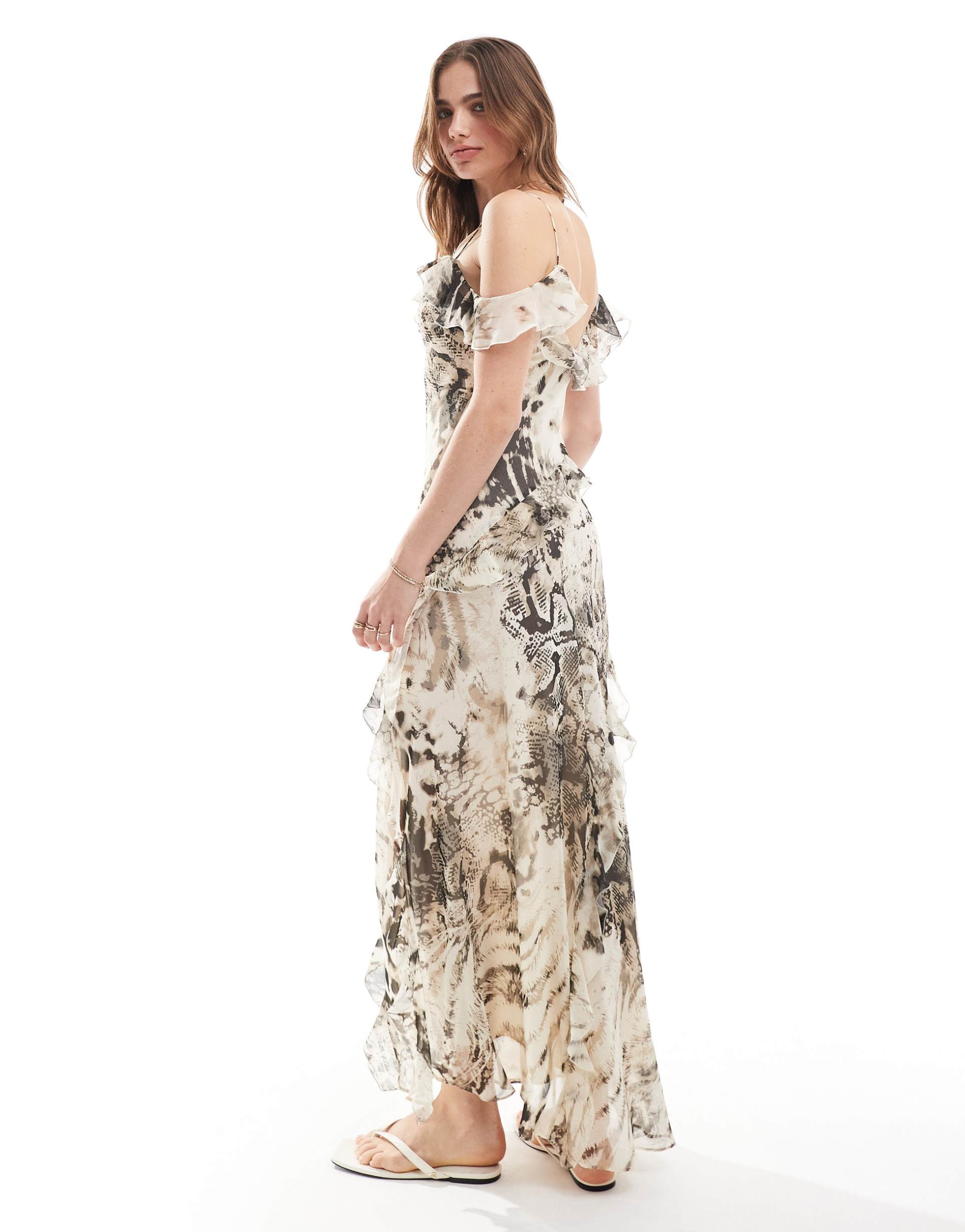 mango mixed animal bardot midi dress in gray