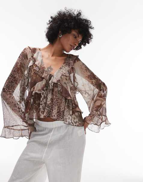 Mango mixed animal print flute sleeve blouse in brown - view 1