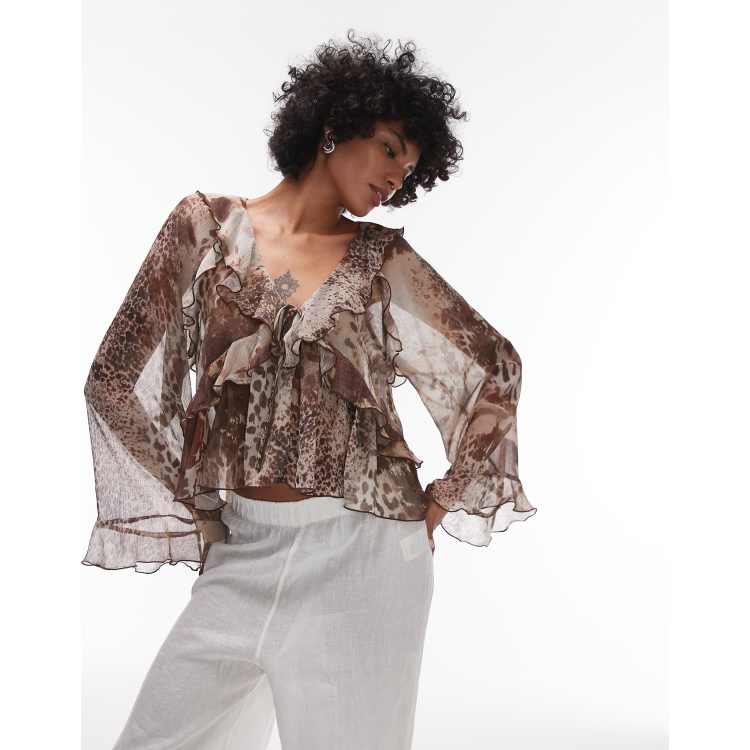 Mango mixed animal print fluted sleeves blouse in brown | ASOS
