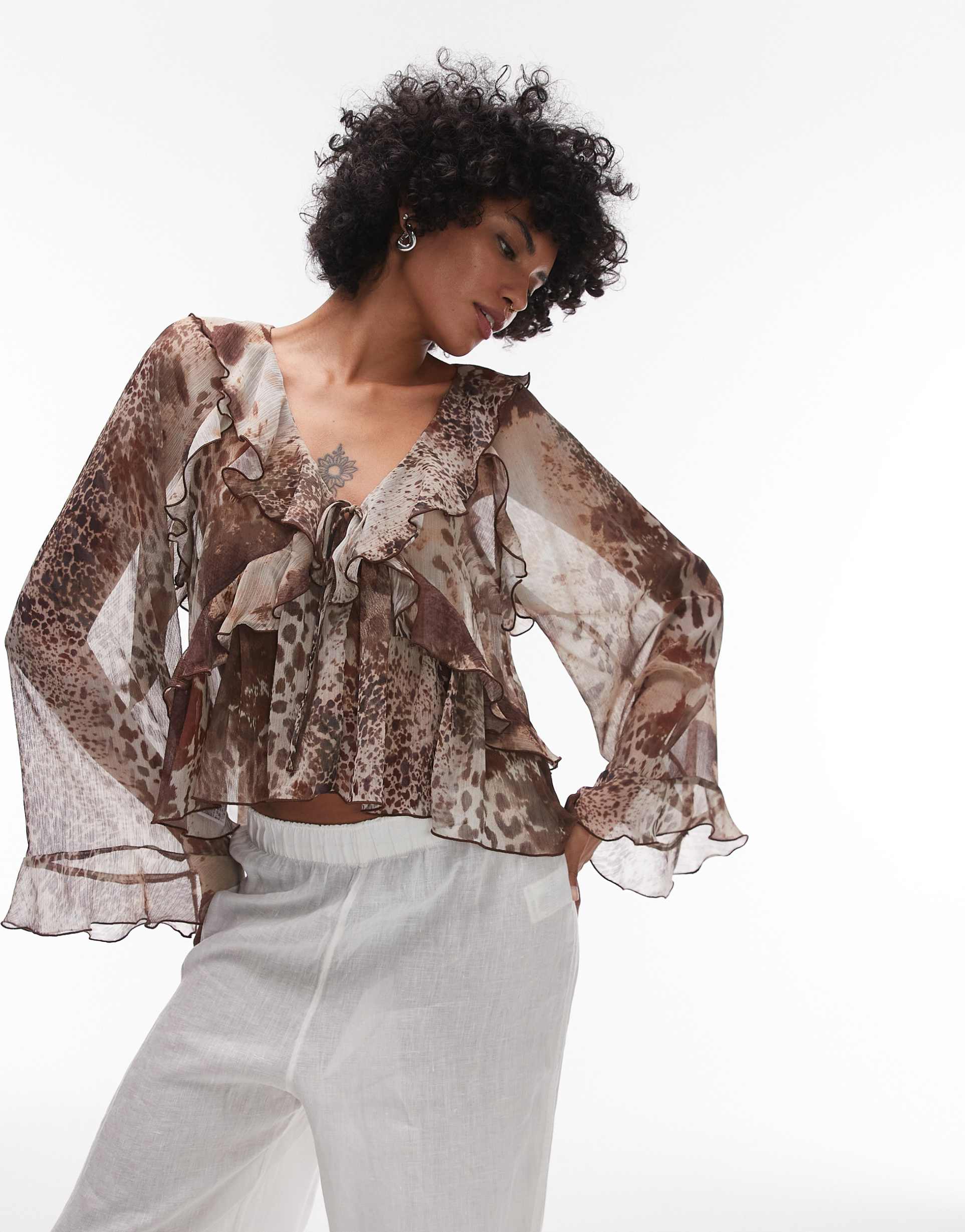 mango mixed animal print fluted sleeves blouse in brown