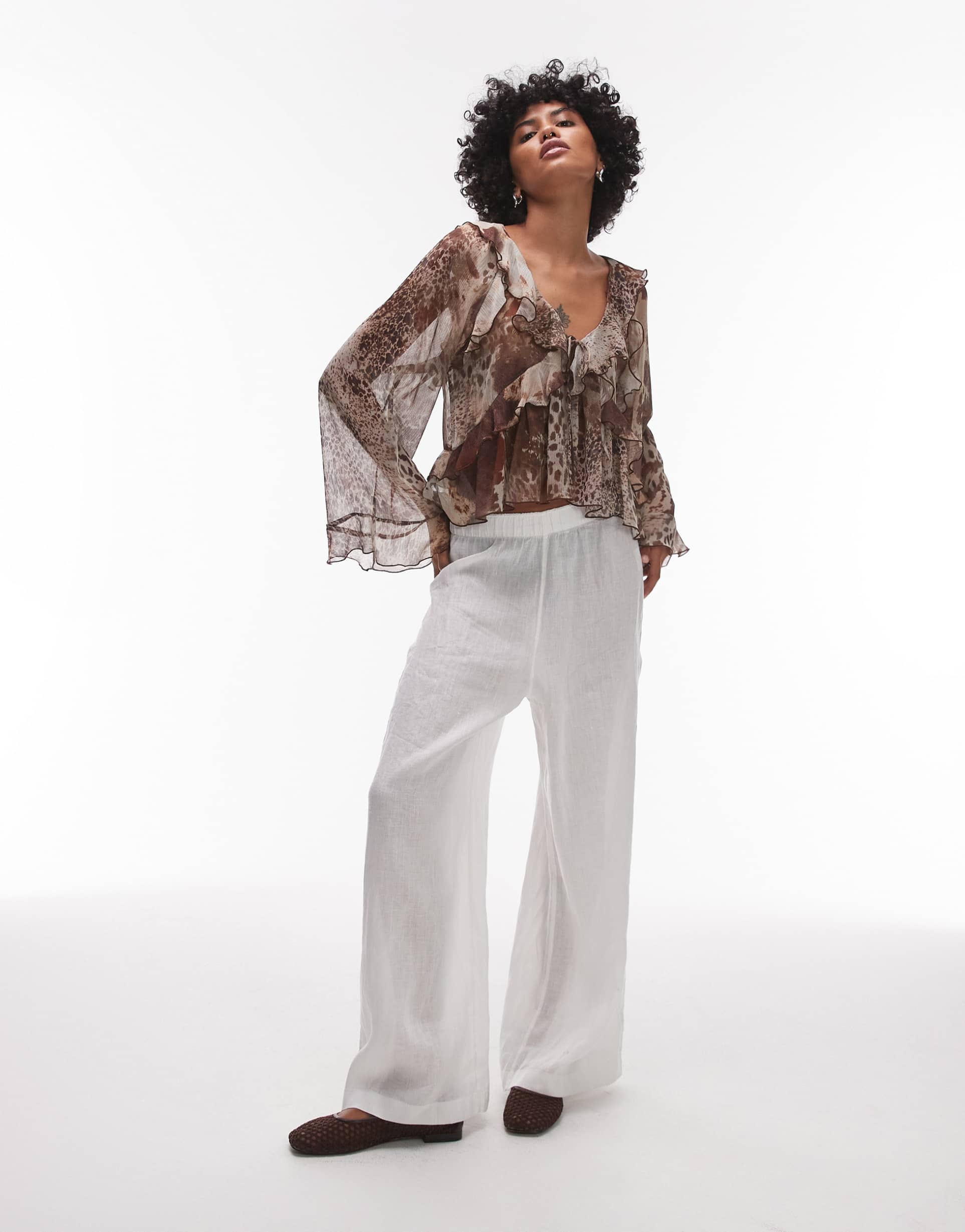 mango mixed animal print fluted sleeves blouse in brown