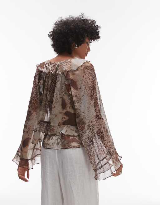 Mango mixed animal print fluted sleeves blouse in brown