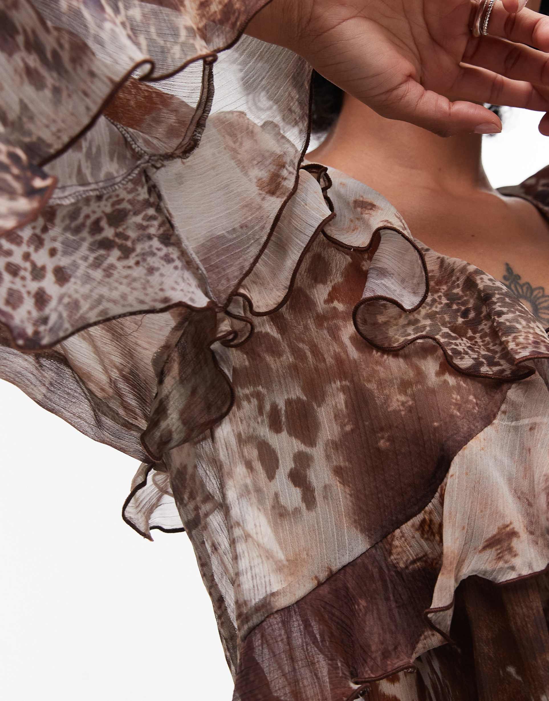 mango mixed animal print fluted sleeves blouse in brown