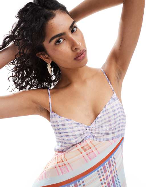 Mango mixed check print midi dress in purple | ASOS