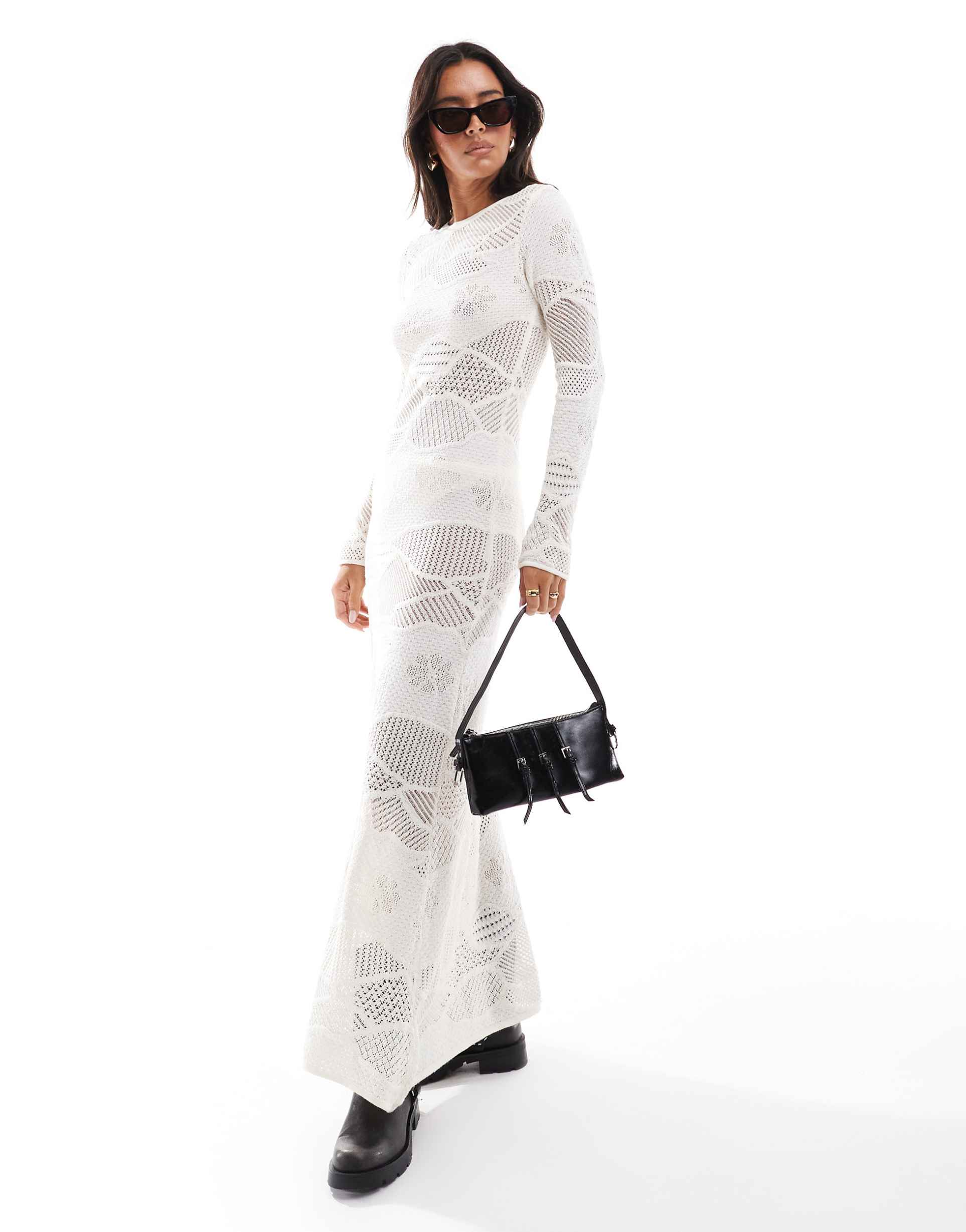 mango mixed crochet maxi dress in white