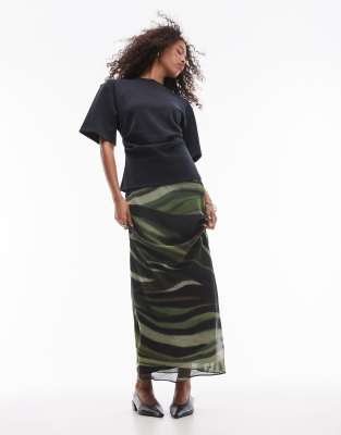 mixed print mesh maxi skirt in green