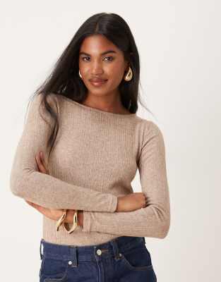 mixed rib knit long sleeve top in brown