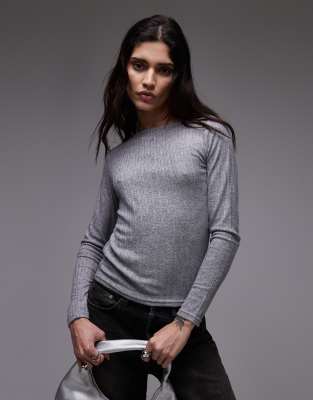 mixed rib knit long sleeve top in gray