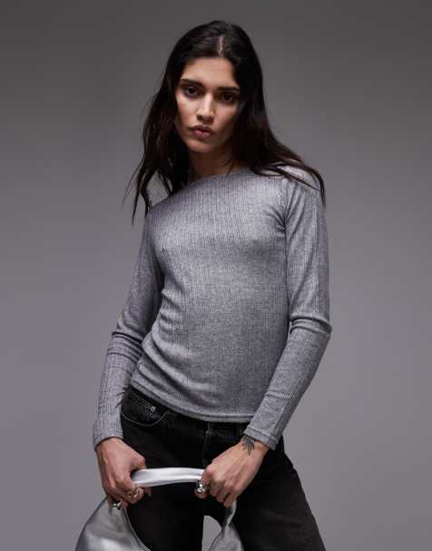 Mango mixed rib knit long sleeve top in gray - view 1