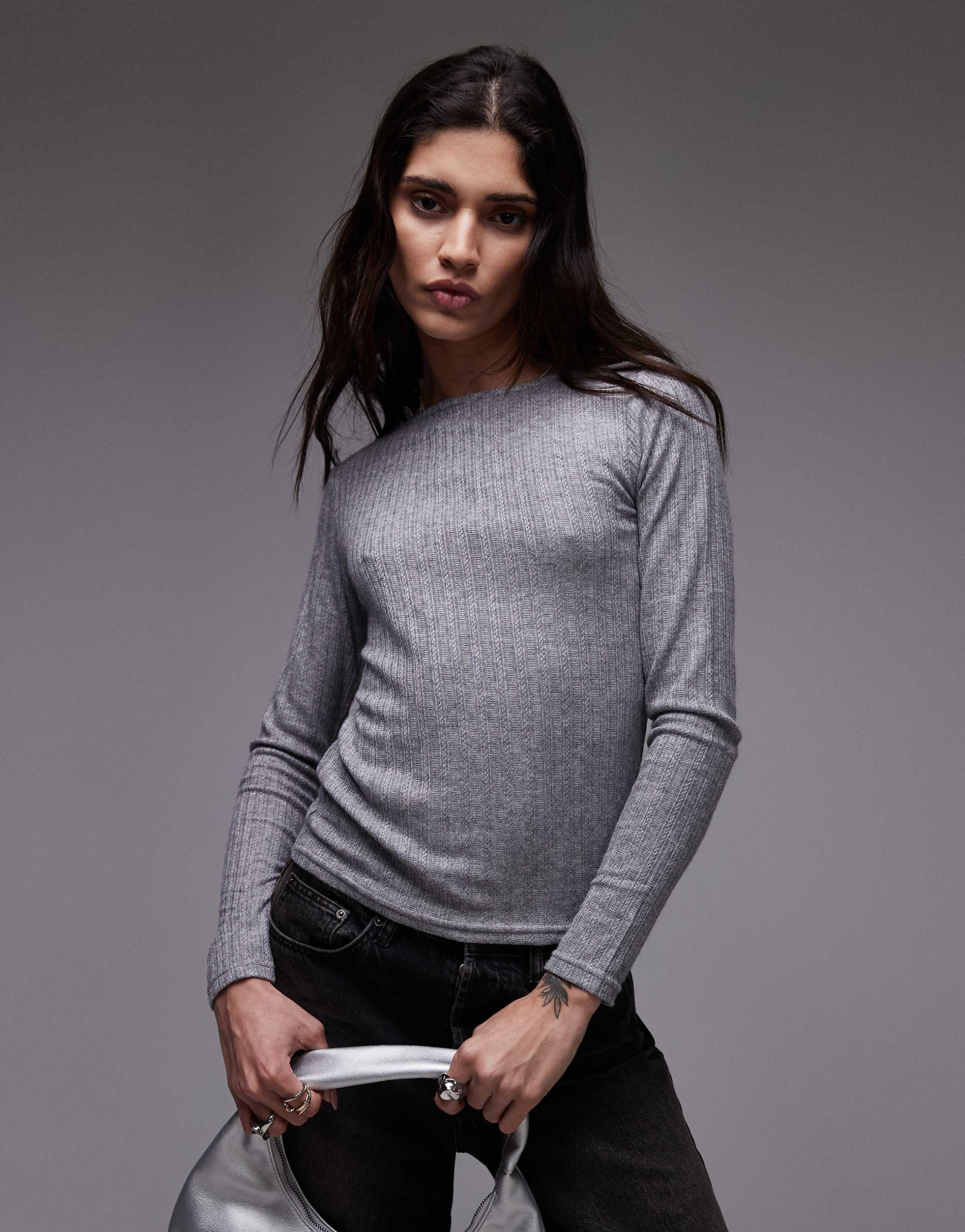 mango mixed rib knit long sleeve top in gray