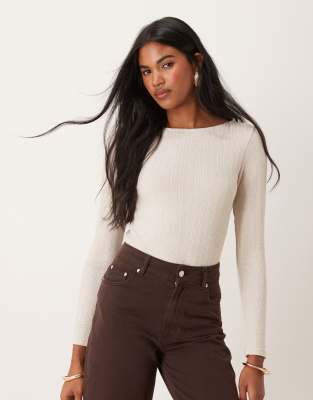 mixed rib knit long sleeve top in light beige-Neutral