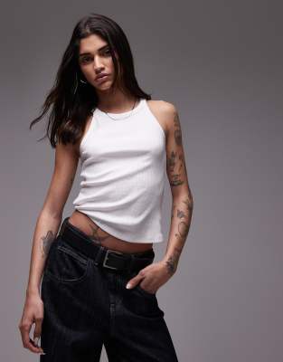 Mango Mixed Rib Round Neck Tank Top In White