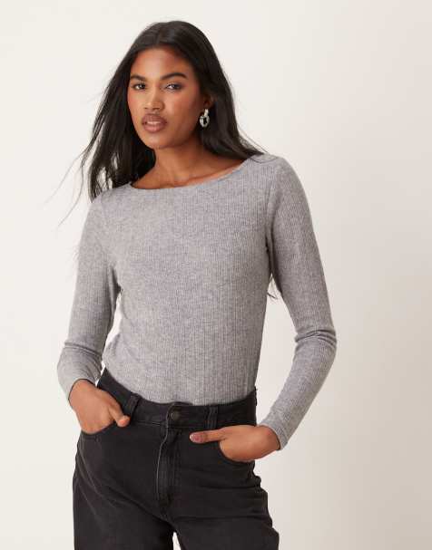 Mango mixed ribbed long sleeve top in grey - view 1