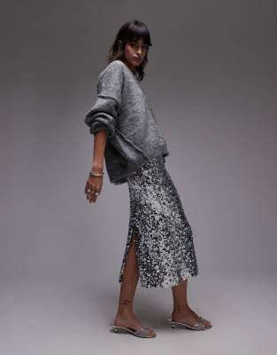 mixed sequin midi skirt in silver