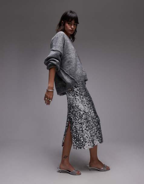 Mango mixed sequin midi skirt in silver - view 1