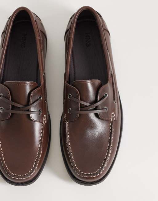 Mango - Mocassins en cuir à lacets avec coutures contrastantes - Marron, 3 de 4