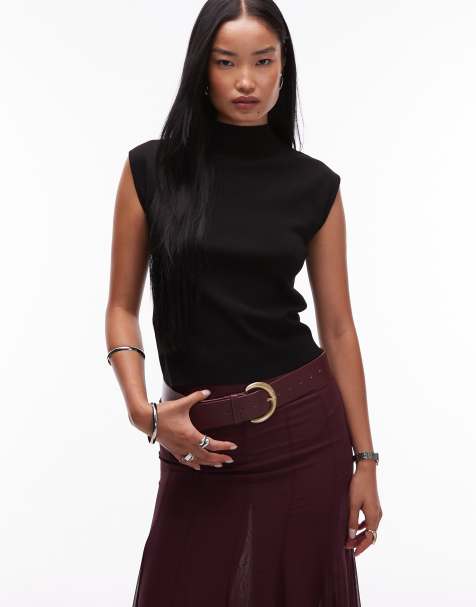 Mango mock neck sleeveless knit top in black - view 1