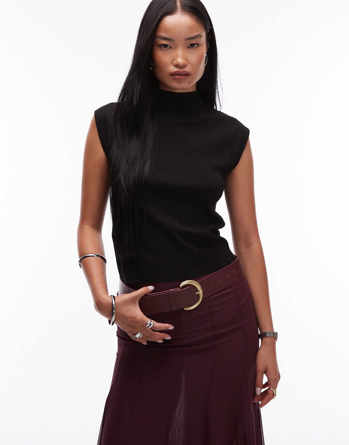 Mango mock neck sleeveless knitted top in black