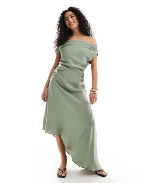 SHEIN Foldover Front Shirred Crop Milkmaid Top  Satin dress long, Long  sleeve dress formal, Green satin dress