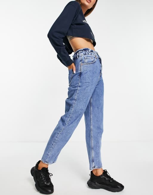 Mango – Mom-Jeans mit elastischem Taillenbund und zwei Knöpfen in Blau, 4 von 4