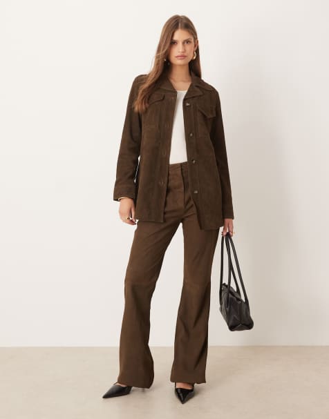 Mango Monte 100% leather longline jacket & trouser co-ord in brown - view 1