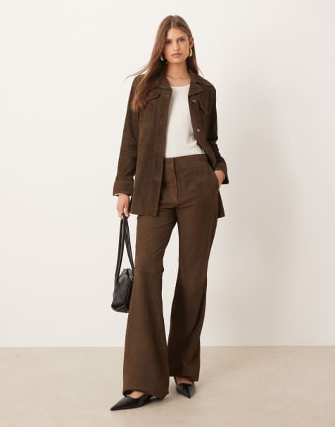 Mango - Monte - Flare-broek van 100% leer in bruin, deel van co-ord set - view 1