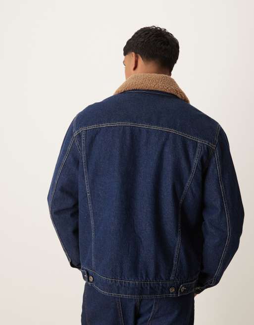 Mango – Mörkblå jeansjacka med dragkedja, skjortdesign och teddykrage, 3 av 4