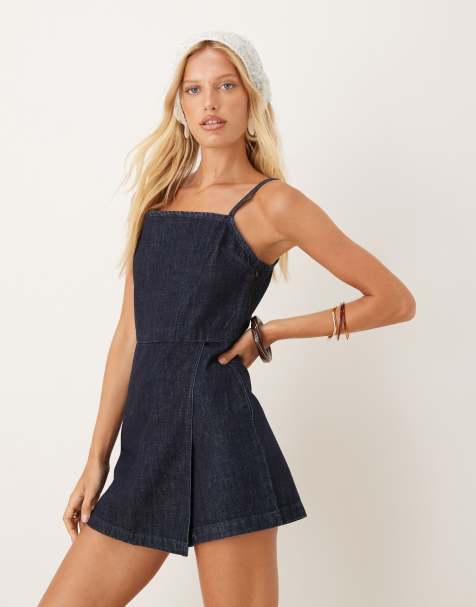 Mango – Mörkblå playsuit med fyrkantig ringning och smala axelband - view 1