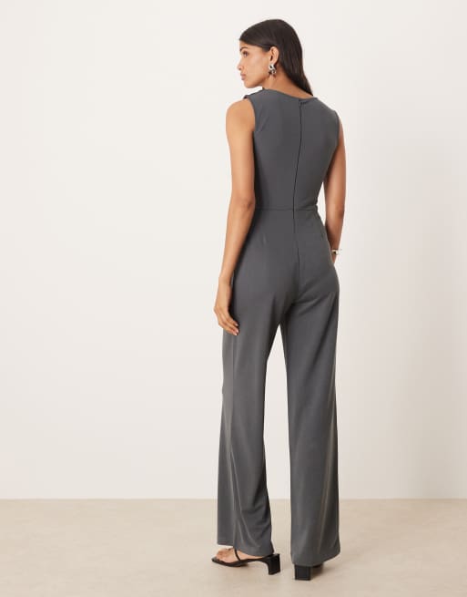 Mango – Mörkgrå, ärmlös jumpsuit med knytning i midjan, 4 av 4