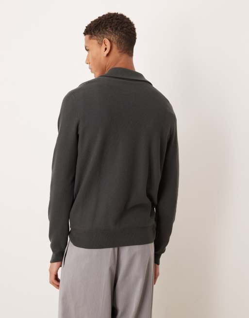 Mango – Mörkgrå, stickad pikétröja bomullsmix med kvartslång dragkedja, 3 av 5