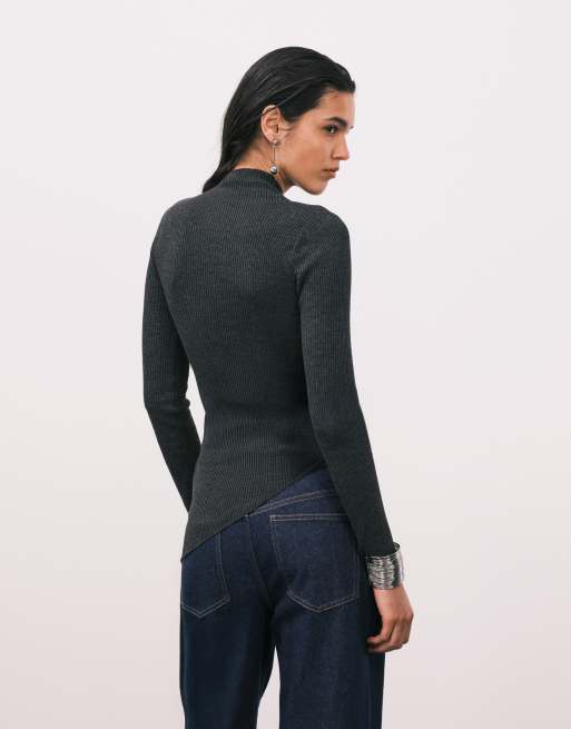 Mango – Mörkgrå, stickad topp med hög krage med asymmetrisk design, 4 av 4