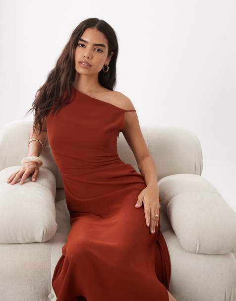 Mango – Mörkorange, asymmetrisk midiklänning i satin med draperad ringning - view 1