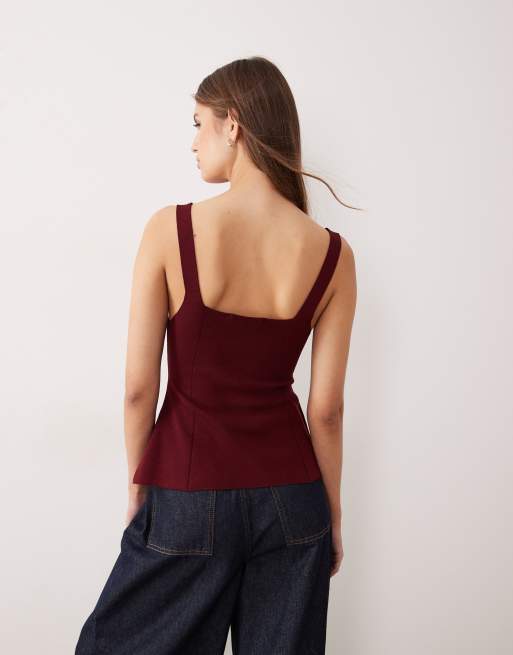Mango – Mörkröd, tätstickad topp med fyrkantig ringning i peplum-modell, 4 av 4