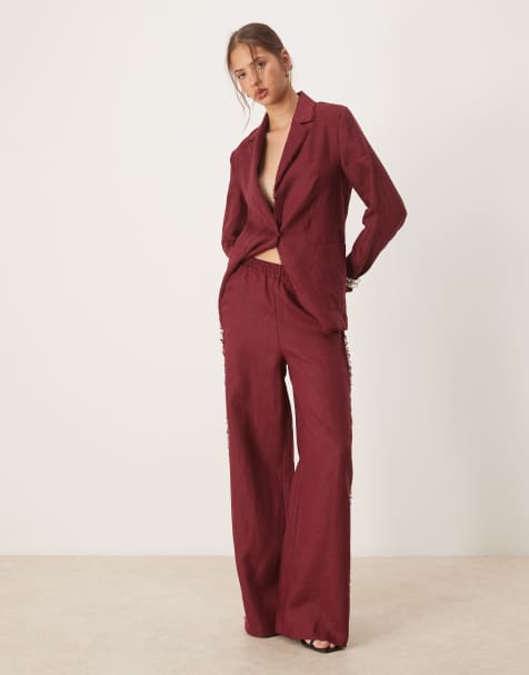 Mango – Mörkröda byxor i 100% linne med fransig kant och resårmidja, del av set - view 1