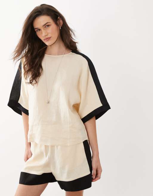Mango – Morti – Beżowy zestaw ze 100% lnu: bluzka oversize z krótkimi rękawami i szorty, 2 z 3