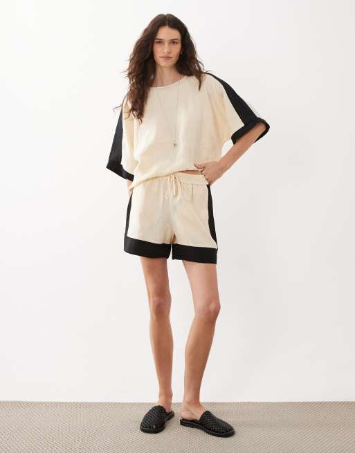 Mango Morti 100% linen oversized short sleeve blouse & short co-ord in beige