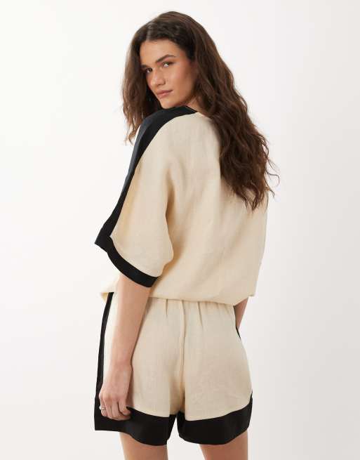 Mango – Morti – Beige shorts i 100% linne med knytning i midjan, del av set, 5 av 5