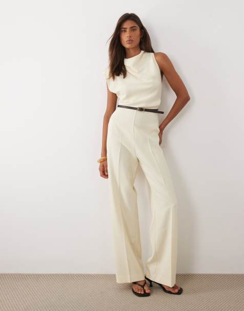 Mango - Mouwloze asymmetrische elegante jumpsuit in crème - view 1