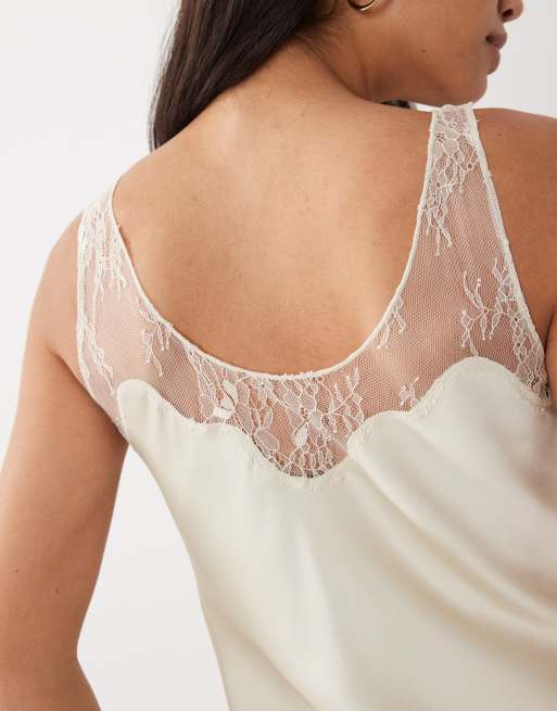 Mango - Mouwloze cami van satijn met kanten detail in lichtbeige, 2 van 4