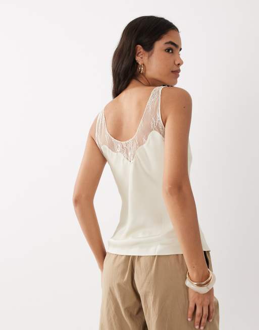 Mango - Mouwloze cami van satijn met kanten detail in lichtbeige, 4 van 4