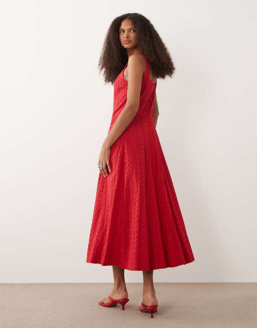Mango - Mouwloze geborduurde midi jurk van 100% katoen met vierkante hals in rood, 4 van 4