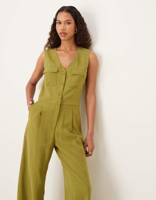 Mango - Mouwloze jumpsuit met knoopsluiting in groen, 4 van 4